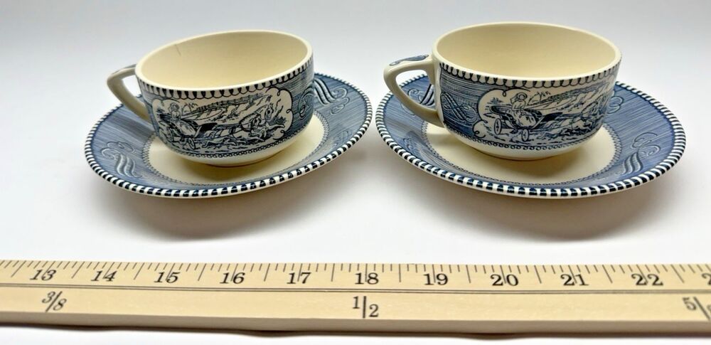 Set Of 2 Royal China Currier Ives Cups & Saucers Stagecoach Steamboat